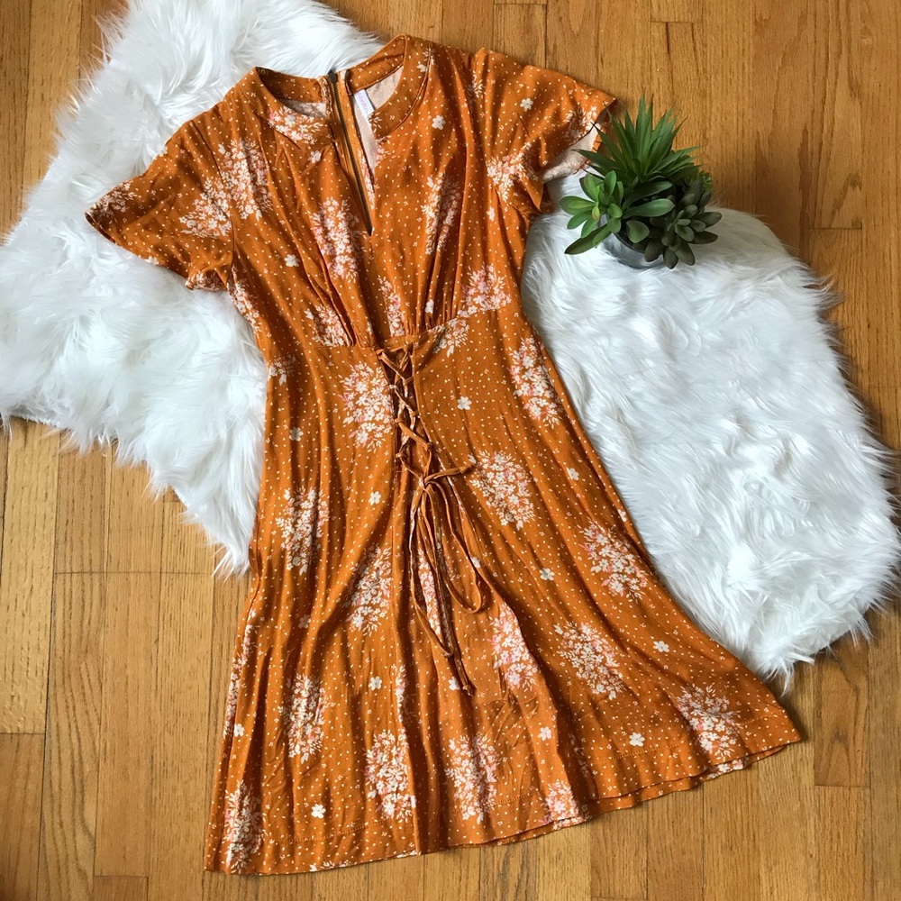 Gold floral lace up sundress